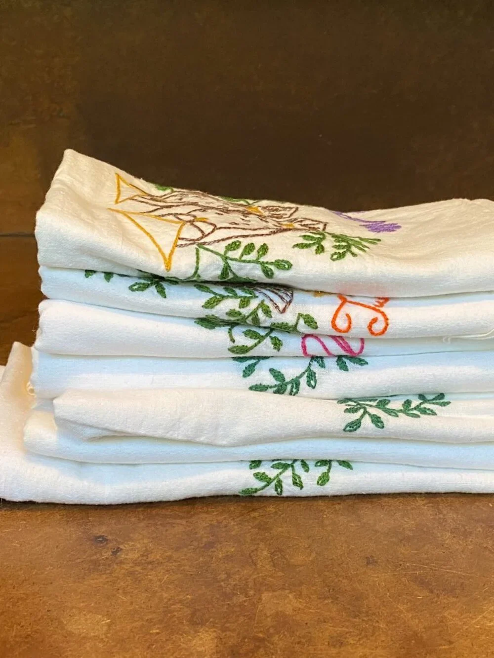 Antique Hand Embroidered Flour Sack Kitchen Towels Owls 7 Days Week Monday